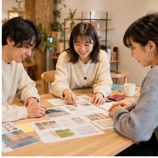 制作物を見ながら話し合う様子