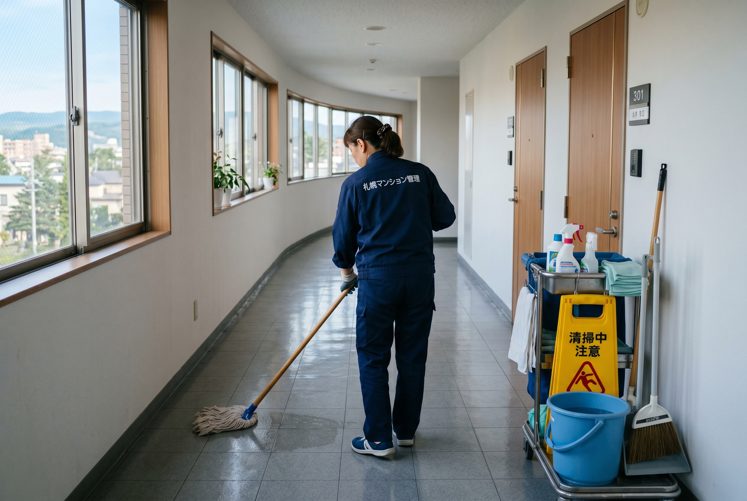 マンション共用部の清掃作業